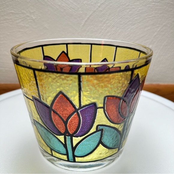 Vintage MCM West Virginia Tulip Design Faux Stained Glass Ice Bucket / Planter - Picture 4 of 9